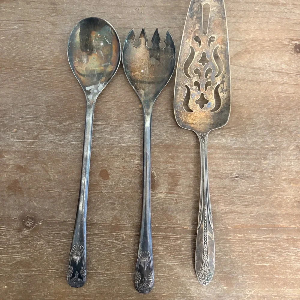 Vintage Silver Plated Serving Set Spoon Fork Pierced Cake Server 3 Piece Patina